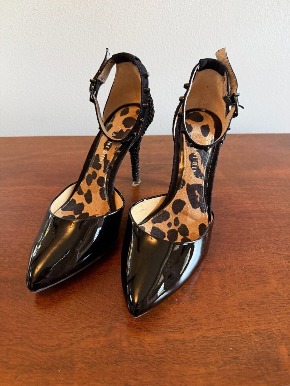 Gianni Bini Black Patent Leather D'Orsay Pumps Leopard Lining Ankle Strap Heels